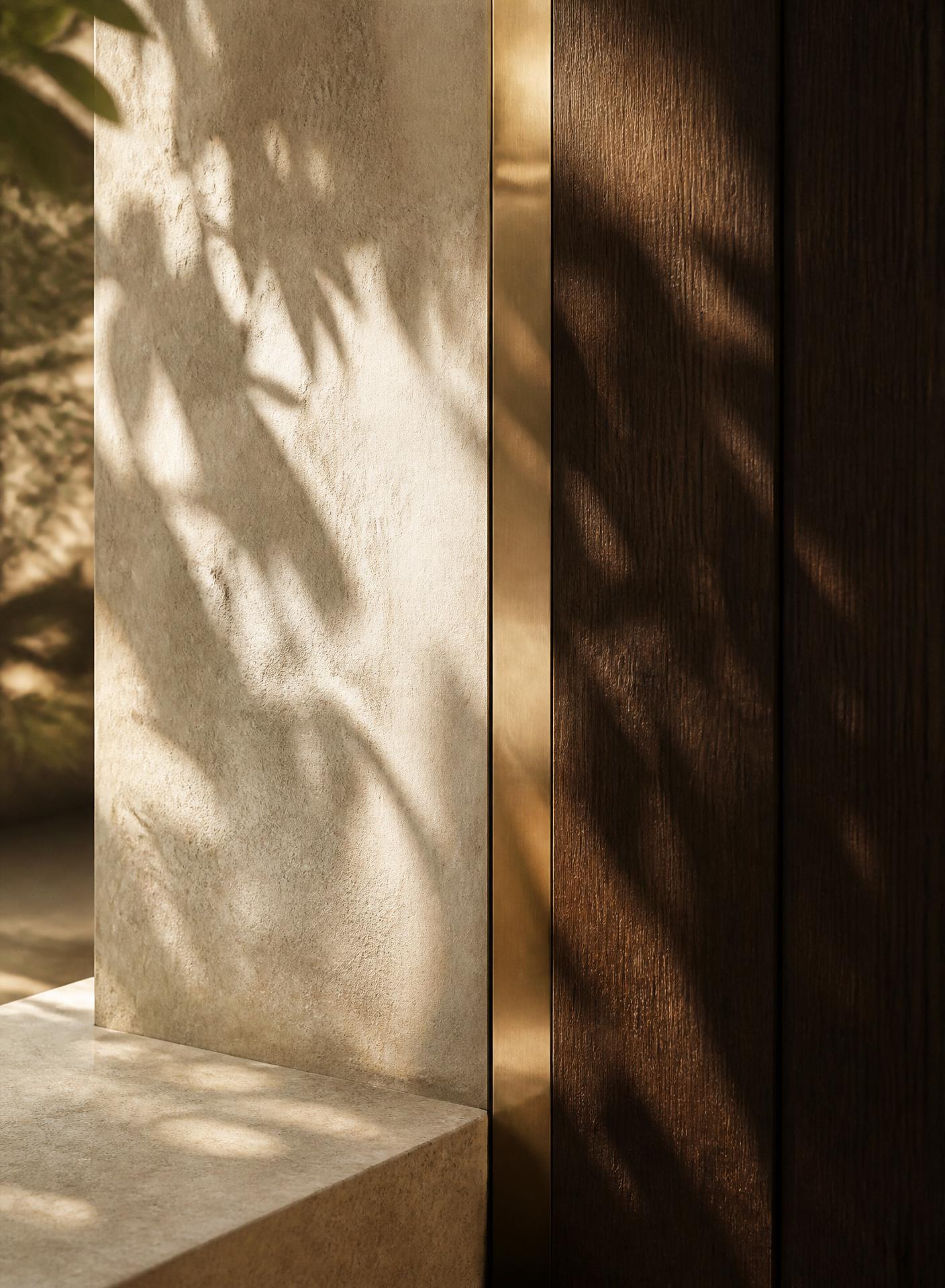 Detail of limewash plaster meeting brass and iroko